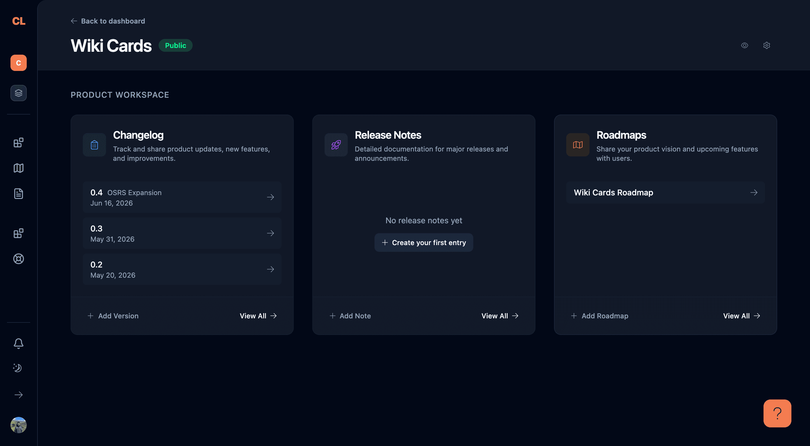 ChangeLayer product workspace dashboard