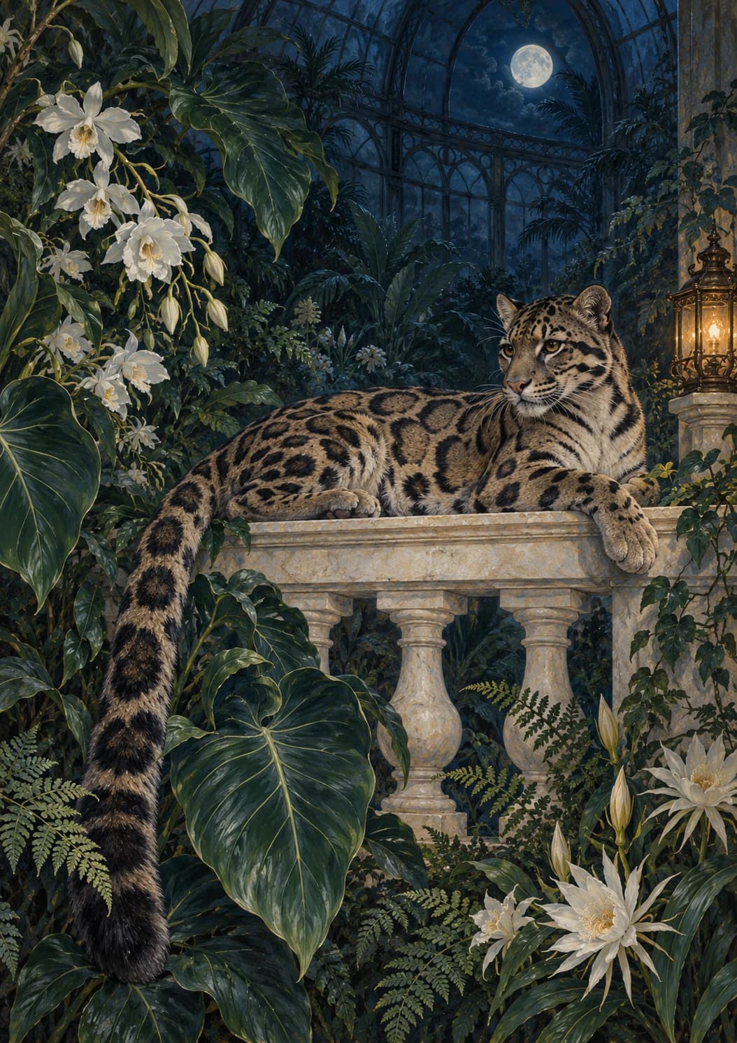 Midnight Conservatory, AI-generated in Inkla Studio, showing a clouded leopard among orchids in a moonlit glasshouse