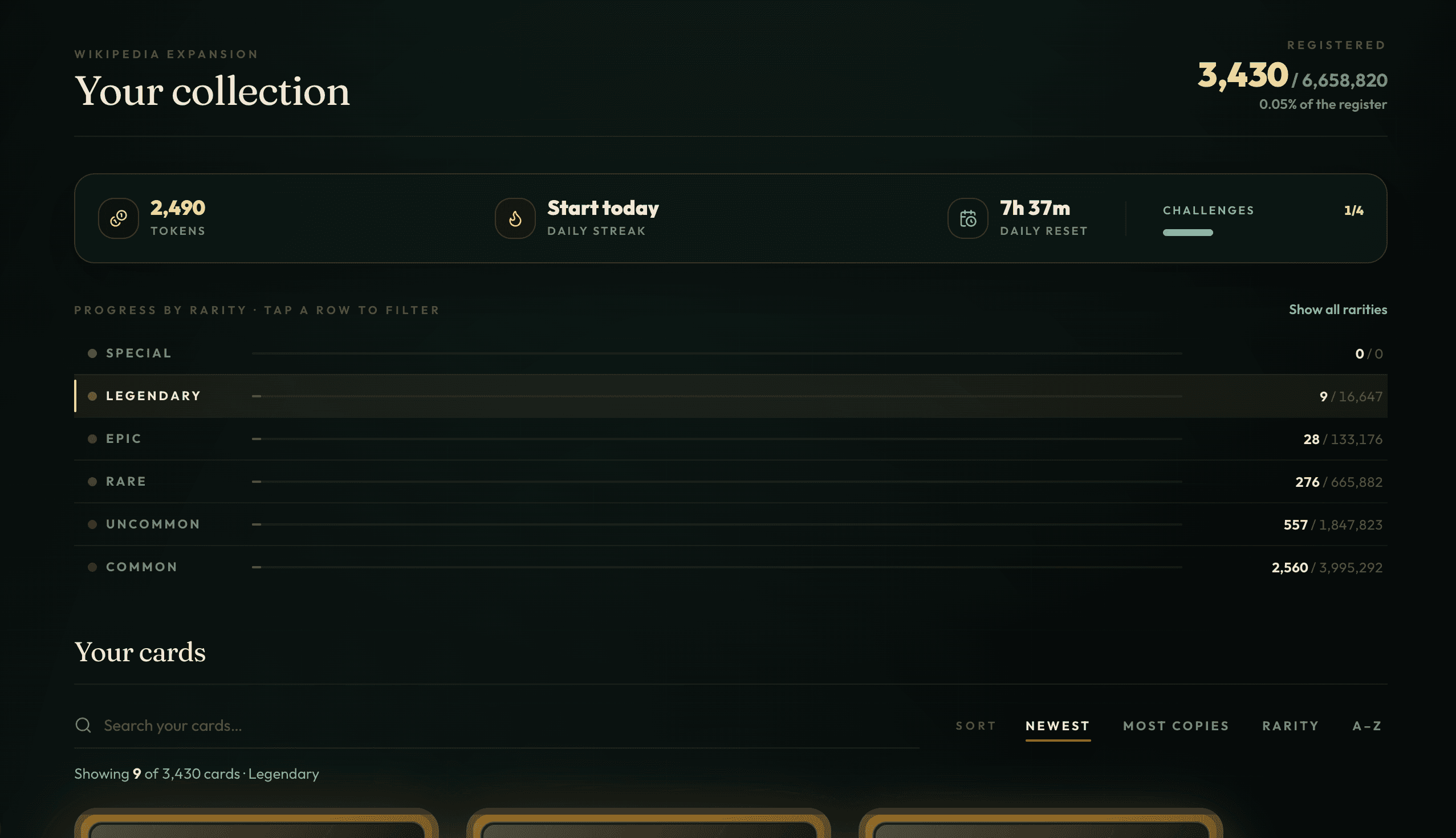 Personal card collection with rarity filters